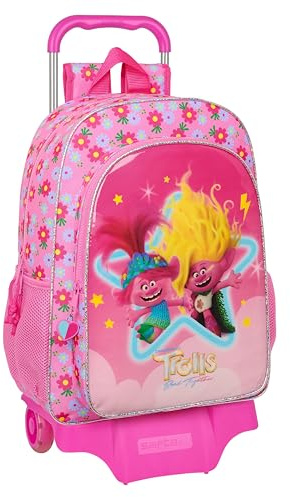 TROLLS 3 - Zaino scuola grande con carrello, zaino per bambini, zaino per bambini, adattabile al carrello, ideale per bambini in età scolastica, comodo e versatile, qualità e resistenza, 33 x 15 x 42