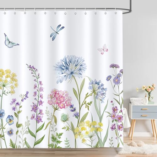Bonhause Duschvorhang Frühlingsblumen Bunte Blumen Grün Blätter Schmetterling Duschvorhänge 180 x 180 cm Anti-Schimmel Wasserdicht Polyester Waschbar Bad Vorhäng für Badzimmer mit 12 Haken