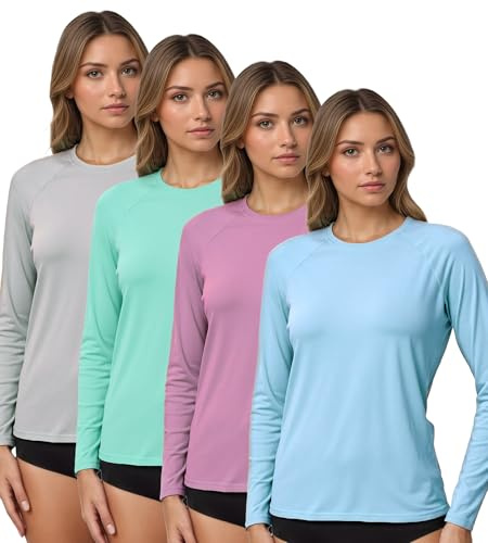 Kinglaman 4 Pack Rash Guard for Women UPF 50+ SPF UV Sun Protection Long Sleeve Swim Shirt Workout Hiking Tops 1 Gray 1 Blue 1 Green 1 Pink Medium