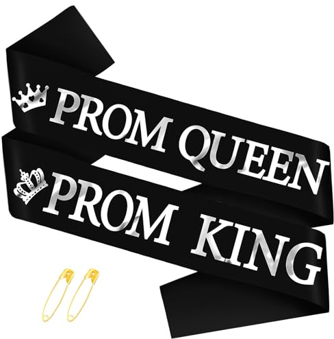 SKJIAYEE 2 Pack Prom King & Queen Sashes, Black Prom Sash with Silver Foil Letter Decorations for Graduation & Bachelorette Party Supplies
