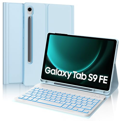 IVEOPPE Tastiera per Samsung Galaxy Tab S9 FE/S10 FE 10.9/S9 11, Cover Tastiera Italiana Bluetooth Retroilluminata Rimovibile per Samsung Galaxy S9 FE 10.9 2023/S10 FE 10.9 2025/S9 11 2023, Cielo blu