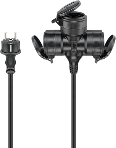 goobay 65437 Outdoor 3-Fach Verlängerungskabel/Stromkabel für den Außenbereich / 3 Schuko - Steckdosen mit Schutzklappen (IP44) / TÜV geprüftes Verteilerkabel / 3680 W bei 250 V (AC) und 16 A / 5m