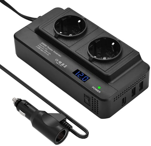 200W Auto Spannungswandler, Wechselrichter 12v auf 230v mit 2 Ladesteckdosen und Zwei USB Ports, Adapter Zigarettenanzünder Steckdose für Geschaeftsfahrten und Urlaub