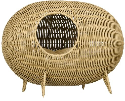 PawHut Katzenhöhle Katzenbett Katzenkorb Katzenhaus aus Polyrattanimitat Katzenhöhle hoher Komfort, Maße: 55 x 36 x 42 cm, weiches Kissen, Beige inklusive