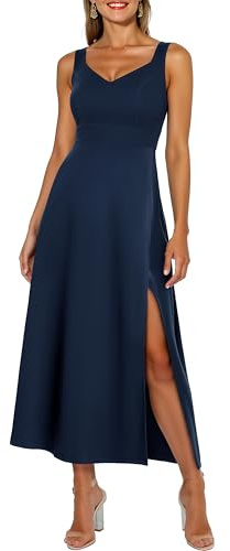 Bbonlinedress Abendkleider elegant für Hochzeit Cocktailkleid Damen ärmellos V-Ausschnitt festliches Kleid mit Schlitz Partykleider Navy S