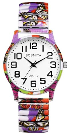 Oidea Montre-bracelet extensible pour femme : grand nombre facile à lire avec bracelet élastique, montre à quartz analogique à imprimé floral, montre-bracelet décontractée pour femme, Papillon coloré.