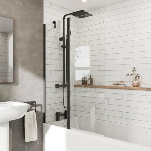 Luxura® 1000 x 1400mm Black 2 Section Folding Over Bath Shower Screen Door 6mm Clear Toughened Safety Glass Panel 180° Pivot Bathroom Hinged Framed Bath Screens