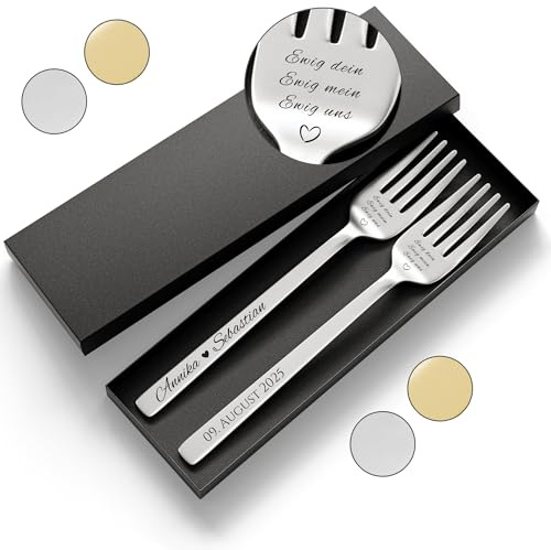 SMARTEON Gabel Set mit personalisierter Gravur – Hochzeitsgeschenke für Brautpaar, Geburtstag, Jubiläum, Geschenkidee für Paare – Kuchengabeln mit Namen mit Geschenkbox (Design 7, Silber)