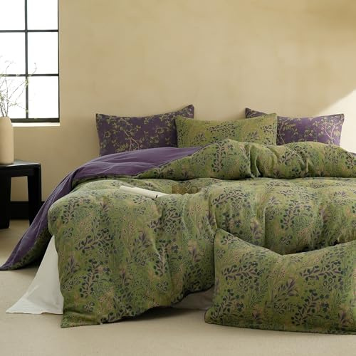 BISELINA 100% Cotton Muslin Duvet Cover Set King, 3 Pcs Yarn-Dyed Jacquard Textured Reversible Floral Design, Soft and Breathable Bedding Set with Zipper Closure, Green Purple