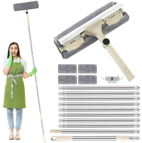 Window Squeegee Cleaner Professional Window Cleaning Equipment Kit with10 Poles, 390 cm (152 In) Telescopic and 4 Mop Refills, Window Washing for High Window and Outdoor Use