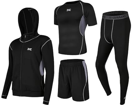 GRECERELLE Sportlöparset för män i 4 delar, ultimat prestanda för löpning och fitness – kortärmad topp, shorts, kompressionsstrumpbyxor och huvtröja., 4 stycken Svart + grå, 3XL