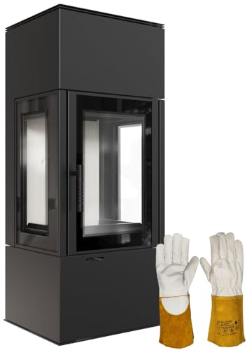 KRATKI Kaminofen aus Stahl Holzofen Thor 8kW Seitenglas Ø150 EEK A+ schwarz | Freistehend aus Stahl, schwarz, 83% Wirkungsgrad, raumluftunabhängig. Hitzebeständig, BImSchV 2, Panoramaverglasung