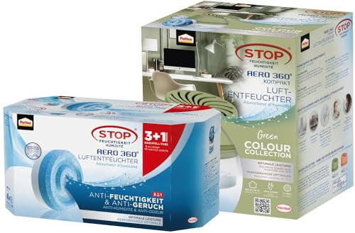 Pattex AERO 360° Kompakt Luftentfeuchter Green Colour Collection, 1 Gerät inkl. 1 Nachfülltab, Raumentfeuchter & Nachfüll Tabs Neutral, geruchsneutralisierend, Nachfüllpack (3+1 x 450g)