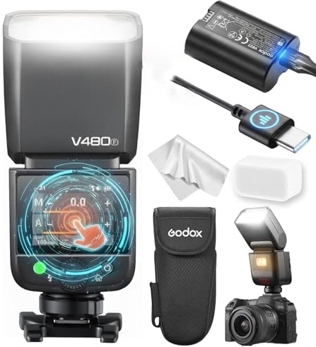 Godox V480F Kamerablixt kompatibel med Fujifilm, TTL HSS 1/8000s Speedlite med 2,0-tums Pekskärm, GN50, 1,7s Laddningstid, 2.4G Trådlöst X-system, 650 Blixtar, LED-modelleringslampa för Fuji