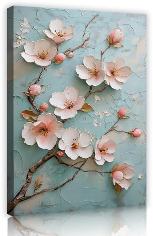 YUNART Enmarcado japonés flor de cerezo lienzo arte de pared primavera tema de jardín 3d estilo pintado a mano pintura en lienzo rústica decoración de granja 40x60cm marco interior