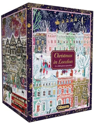 Gibsons Christmas in London 3 x 500 Piece Jigsaw Puzzles for Adults Multi-Box Set of 3 - British Festive Magic - Sustainable Premium 100% Recycled Board - Great Gift for Puzzle Fans