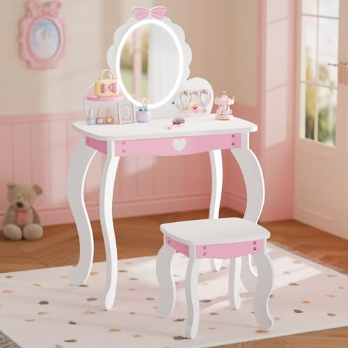 MU Kids Vanity Set with Lighted Mirror and Stool, Kids Makeup Vanity Desk with Storage Space, Bow Pattern for Girls, Toddler Princess Makeup Dressing Table with Chair Set, White