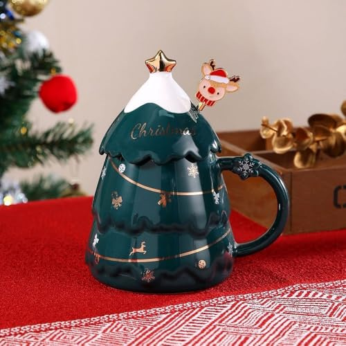 Huiyiwert Kafeetasse lustige Weihnachtstasse 3D Weihnasbaum förmig Kaffeebecher mit Deckel und Rührlöffel 400ml Teetasse Geschenk für Mädchen Oma Frauen Männer Freundin (Grün)