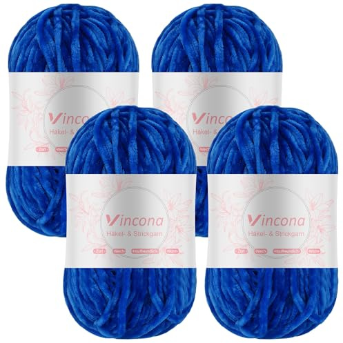 Vincona 4 x 100g Chenille Wolle zum Häkeln - Kuschelig und hautfreundlich，Garn zum Stricken und Häkeln - 100% Polyester – 4 x 120 m – Nadelstärke 5-6 Königsblau