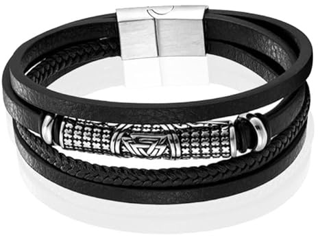 Mendes Smycken herrarmband - snyggt svart läder med silveraccenter - 19 cm