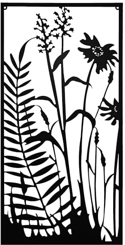 UNUS Metallbild Farn und Blumen, 120 x 60 cm Wanddeko für innen und außen mit Aufhängehaken, modernes Design in Schwarz