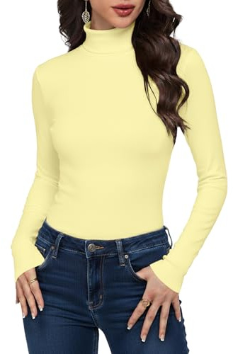 Cuptacc Camiseta Mujer Cuello Alto Modal Mangas Largas Top Suave Cómoda Sólido Elgante Cálida Versátil Corte Ajustado Camisa Mujer Amarillo M