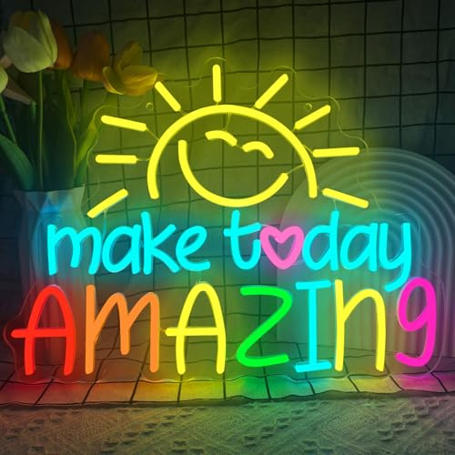 Make Today Amazing Neon Light Sign Dimmable Sunshine Smile Face Neon Sign | USB Powered Colorful LED Lights for Wall Decor Bedroom Classroom Wedding Birthday Party Art Decor Gift, 42 x 31CM