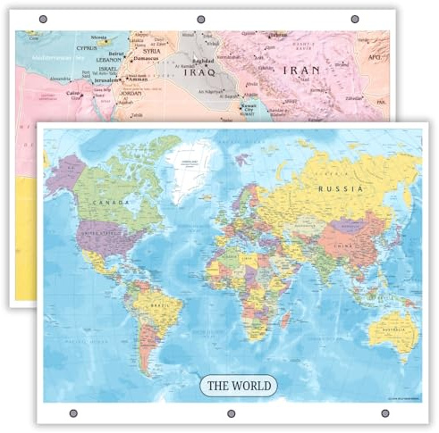 World Map & Middle East Map Reference Page – Cardstock, Double-Sided 3-Ring Binder Insert for Regional Study (2 Pack)