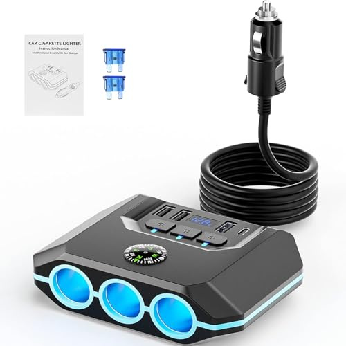 WIOONI 120W Auto Ladegerät Adapter, 3 Fach KFZ Zigarettenanzünder Verteiler mit 4 USB, 12V/24V DC Mehrfach Steckdose mit LED-Voltmeter, Getrennte Schalter und 1m Kabel für GPS/Dash Cam/Telefon
