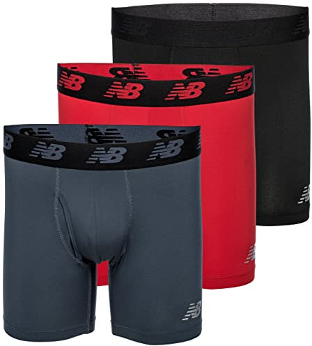 New Balance Men's 6 Boxer Brief Trunk Underpants Fly Front with Pouch Underwear 3-Pack, Black/Team Red/Thunder, Small