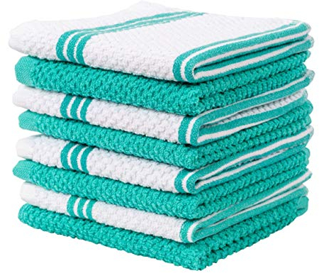Living Fashions 8 Pack Dish Cloths for Washing Dishes - 100% Cotton Absorbent Dish Towels Size 12 x 12 - Perfect Rags for Washing Dishes - Kitchen Rags and Washcloths for Dishes (White-Turquoise)
