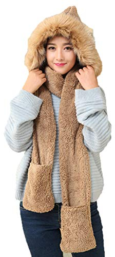 Nwcl 3-in-1 Damen Kapuzenschal mit Fäustlingen, Neckwarmer Hoodie Tasche?Winter Super Weichem Plüsch Volle Haube Warm Thermal Fleece Hüte mit Ohren, Tasche, Schal (Brown)