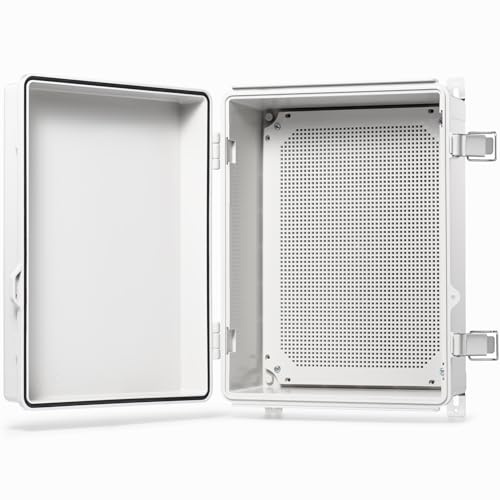 QILIPSU Vattentät kopplingslåda, IP67, utomhus, plast, elektrisk projektbox, väderbeständig, med monteringsplatta, väggfästen, gångjärn, grå, 410 x 310 x 180 mm