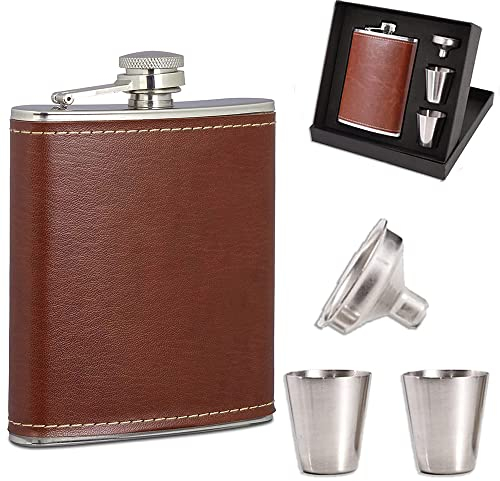 Fiaschetta portatile in metallo, bottiglia da liquore in acciaio inox da 8 oz per esterni, fiaschetta in acciaio inox, imbuto e confezione regalo (marrone)