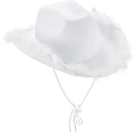 Yassiglia Cowboy Hut Damen Elegant Breite Krempe Hut Vintage Western Hüte Cowgirl Cap Mädchen Prinzessin Hut für Cosplay Allerheiligen Halloween Party (Weiß mit Flaum, Einheitsgröße)