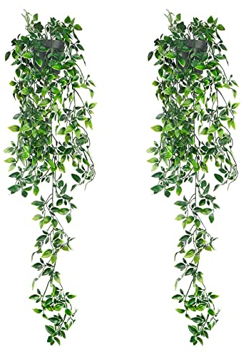 Tompig Künstliche Hängepflanze,Gefälschte Mandalablätter Wartungsfreie Plastik Hängepflanzen Rebe für Wand Küche Veranda Hängekorb Dekoration