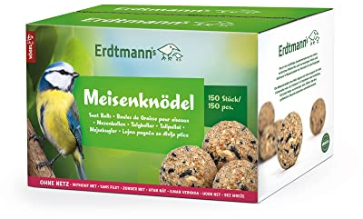 Erdtmanns Meisenknödel ohne Netz 150 Stück (13,2 kg Netto) – Wildvogelfutter im Karton – Umweltfreundliche Knödel - ganzjährige Fütterung – Meisen, Finken & Singvögel – mit Futterhalter