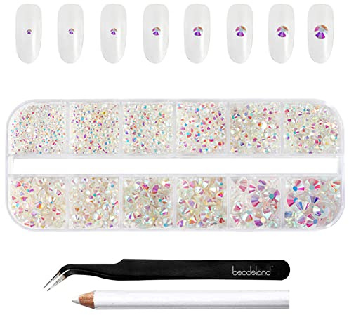 Beadsland Strasssteine für Nägel,Transparente AB,6 Größen Gemischt,2500 Stk | AB Strasssteine Kit,SS4-SS30,Glasmaterial,zum Basteln,Gesicht Edelsteine,mit Picking-Pinzette und Wachsstift