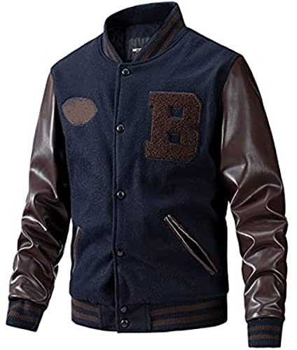 Hombres Vintage Varsity Chaqueta Casual Letter Print Patchwork Chaqueta de béisbol Streetwear Chaqueta Bomber Unisex Y2K Fashion Zip Hip Hop Jacket (Azul Marino,L)