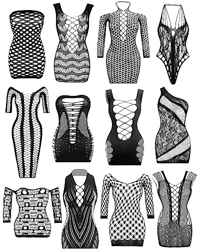 JDiction Fishnet Lingerie for Women Fishnet Bodysuit Lace Bodysuits Sexy Babydoll Nightwear (12 Pack)
