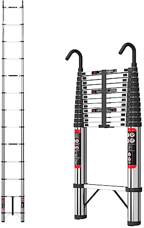 Échelle Télescopique 5M/16.4FT, Escabeau Extensible en Acier Inoxydable, Échelle Multifonction avec 2 Crochets Détachables, Capacité 330lb/150kg