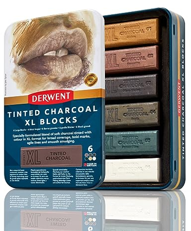 Derwent XL Kohleblock, 6er-Set Malstifte, 60 mm, extrabreite Farbstifte, wasserlöslich, ideal zum Skizzieren, Zeichnen und für ausdrucksstarke Zeichnungen, Profi-Qualität, in der Stiftebox, 2306177