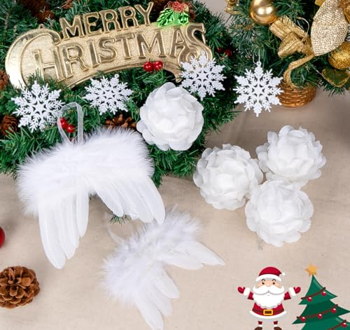 Adorno de árbol de Navidad blanco, 12 piezas de alas de ángel premium para manualidades con pétalos de flores y copos de nieve – Decoración de árbol de Navidad para boda, sesión de fotos de bebé y DIY