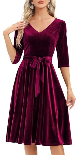 Bbonlinedress Medellång cocktailklänning för dam, pinup, ceremoni, bal, för bröllopsfest födelsedag, med 3/4 ärmar, V-ringning, L