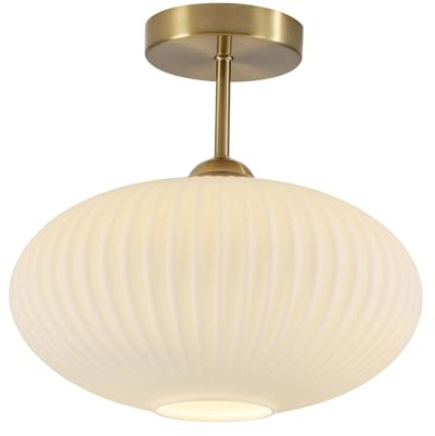 BOKT Vintage Ceiling Light Fixture 9.8 Lantern Shape Milk White Glass Ceiling Light Mid Century Modern Ceiling Pendant Light for Bedroom, Dining Table, Stairway