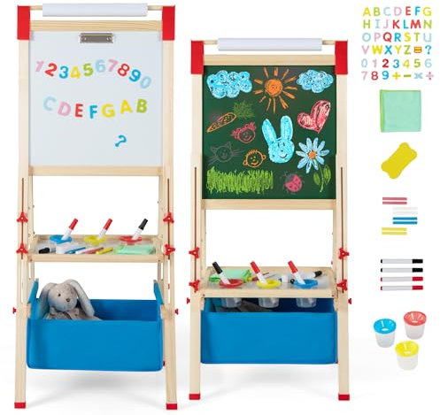 COSTWAY Caballete Infantil Ajustable en Altura, Caballete de Doble Lado con Pizarra de Tiza y Pizarra Blanca, Rollo de Papel, Imanes de Letras y Números, para Niños 3-8