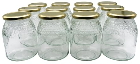 Pack de 12 Botes para Miel con Tapa Incluida; Almacenaje y Conserva Hermética de Miel (Dorado, 1 kg)