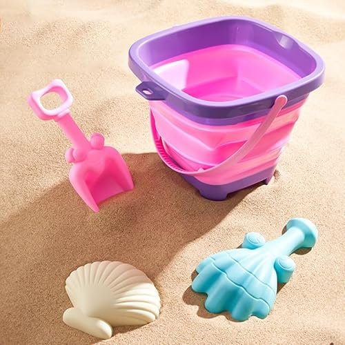 TLHWIN Set Gioco da Spiaggia, Gioco con Sabbia per Bambini, Secchiello Pieghevole in Silicone con Pale e Stampo per Sabbia a Forma di Conchiglia. (Orange)