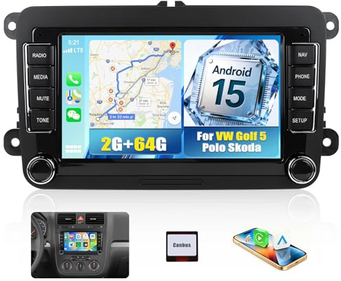 CAMECHO Android Autoradio mit Bildschirm für VW Caddy 2K 2003-2015 | Kabellos CarPlay Android Auto, 2GB+64GB, 7 IPS Touchscreen, GPS Navigation, Split-Screen, CANBUS, Rückfahrkamera optional