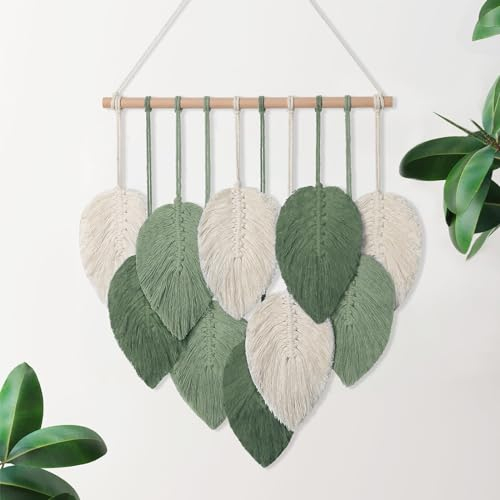 Weldomcor Macramé Tenture Murale, DéCoration Murale Boho Macramé Tenture Feuilles et Plumes, Feuille Tapisserie pour Salon, Chambre à Coucher, Balcon, Bureau, Appartement (Vert)